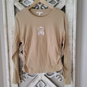 Derek Heart Junior Teddy Bear King Graphic Tie Ruched Side Long Sleeve Tee